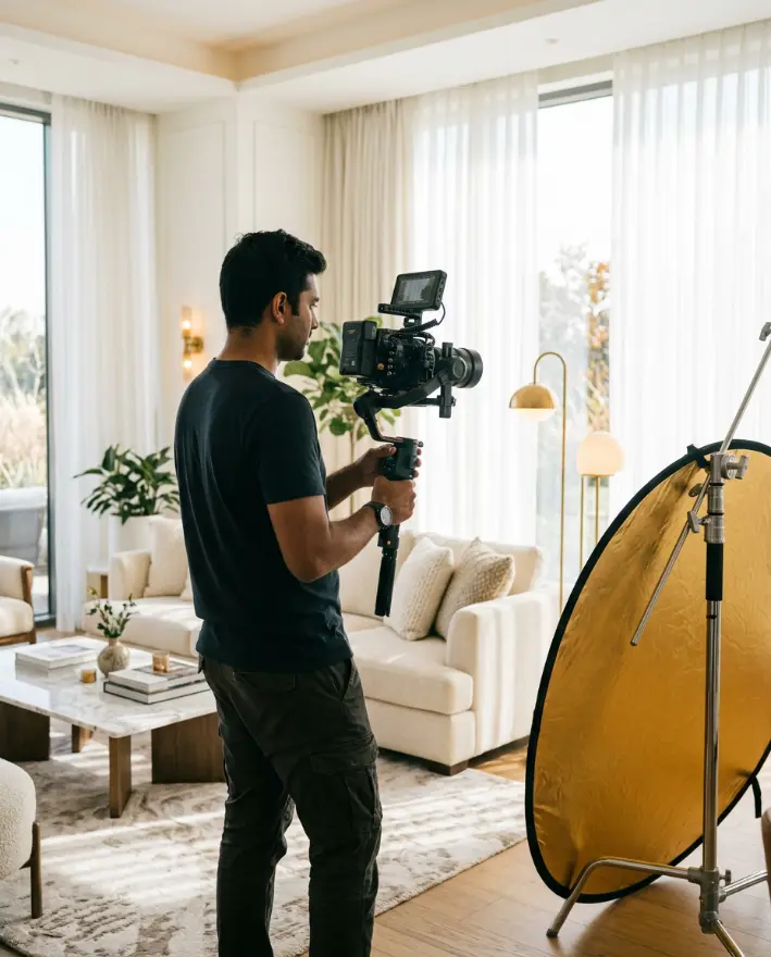 Videographer filming a bright hotel suite with a gimbal camera and a yellow reflector