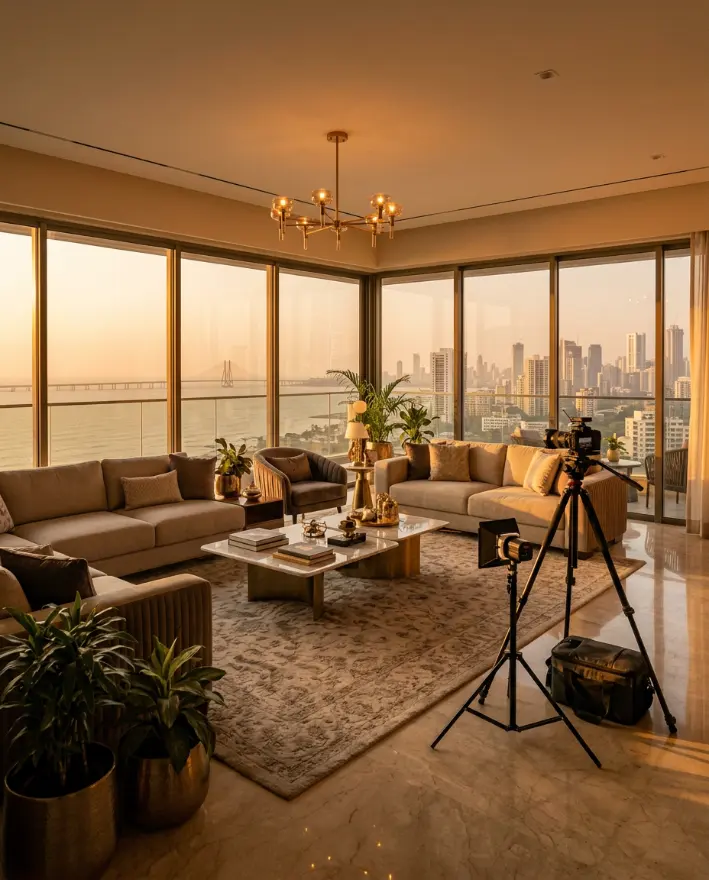 Luxury show apartment with a Mumbai skyline view at golden hour, with cameras set up for a property shoot