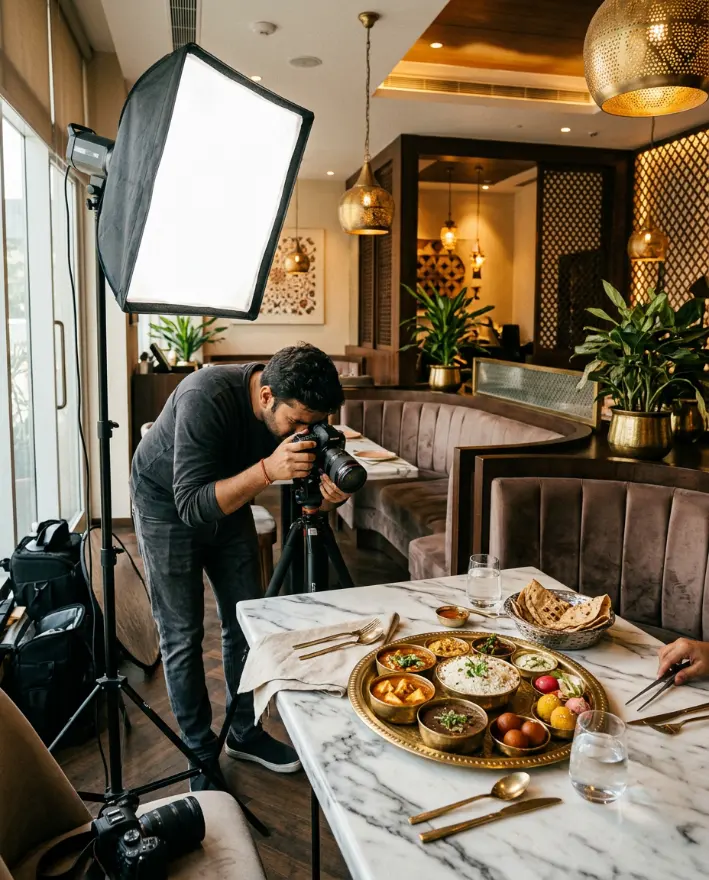 Food photographer with a softbox shooting a vegetarian thali in a modern Indian restaurant