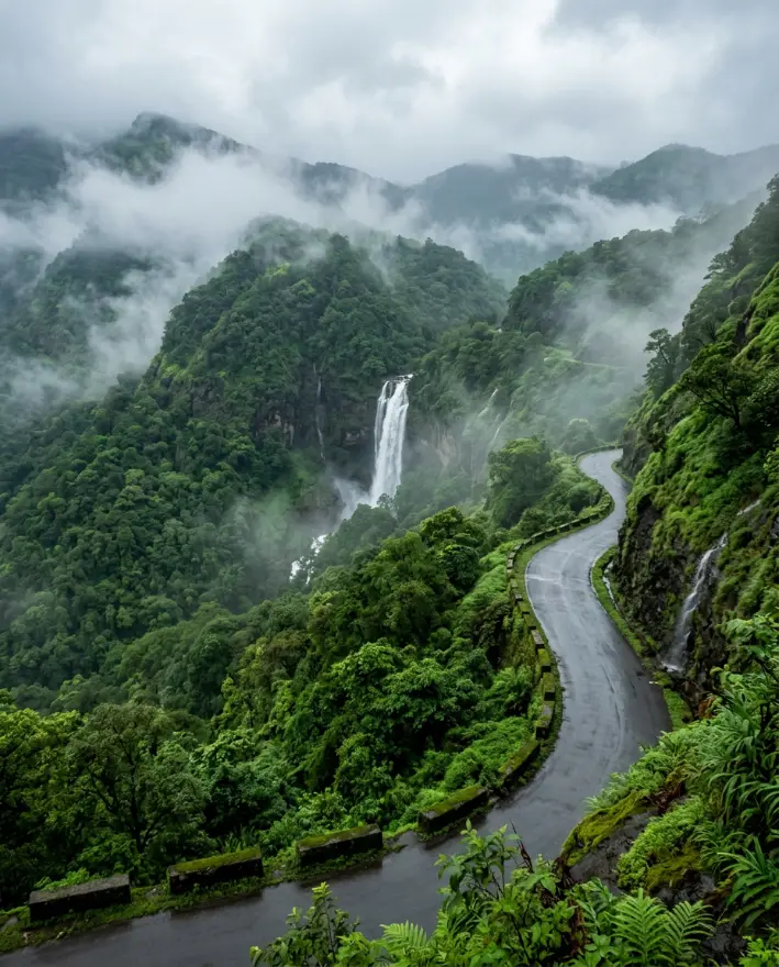 Misty Western Ghats mountains with a waterfall and a winding road