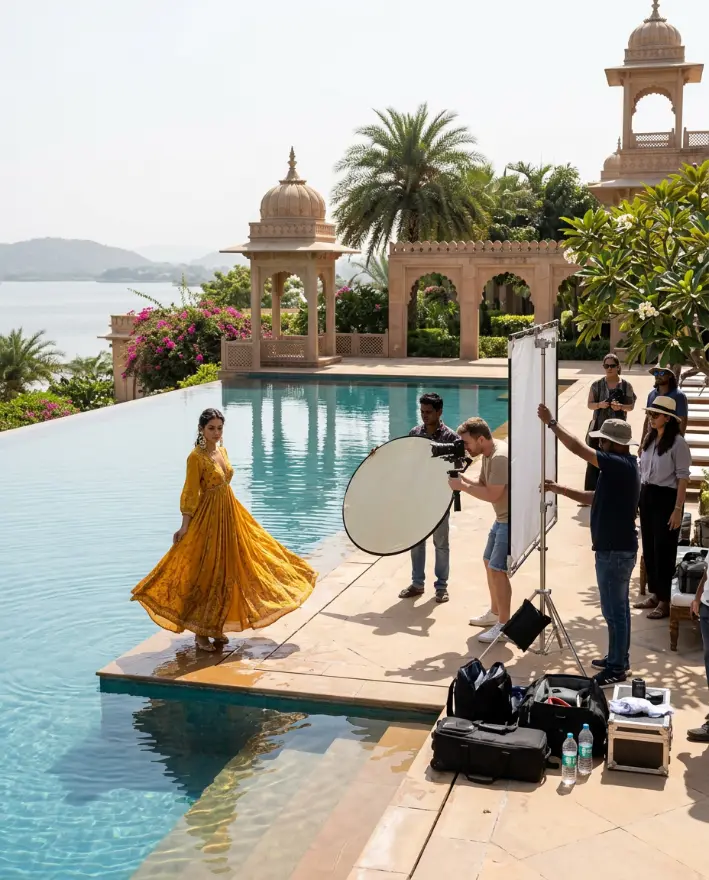 Model in a yellow dress posing by a resort pool while a crew photographs her