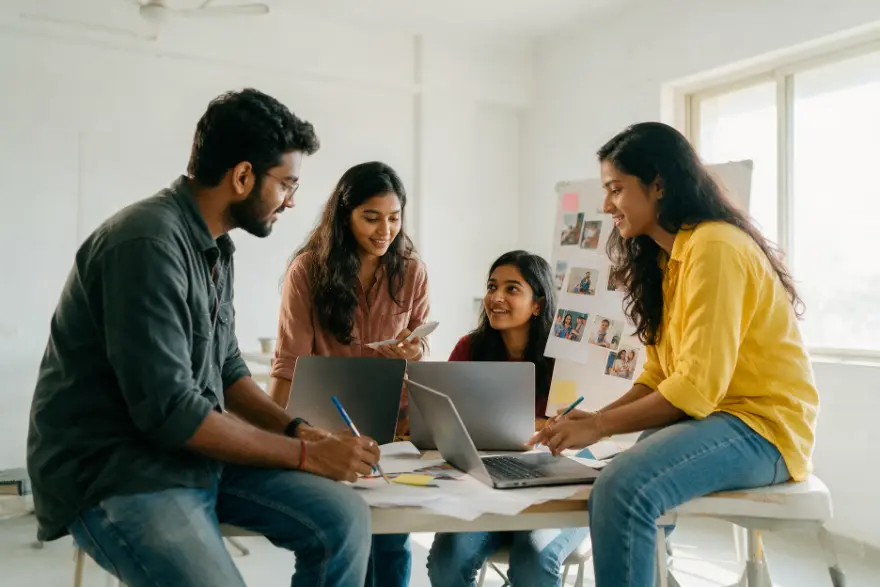 A young creative team planning a campaign around laptops in a bright studio